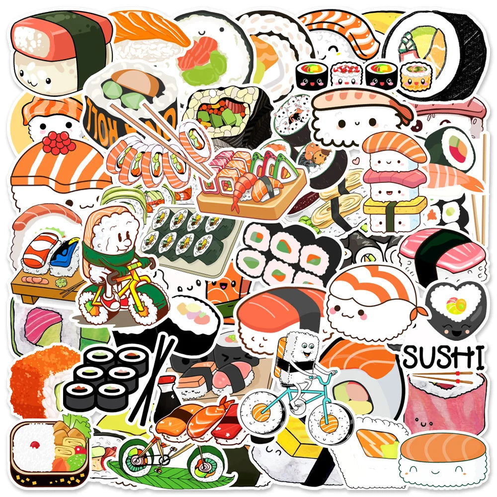 50PCS Cartoon Cute Sushi Food Doodle Stickers Personalized Fashion Creative DIY Exquisite Decorative Decals Toys For Skateboard Guitar Refrigerator Helmet Popular Stickers