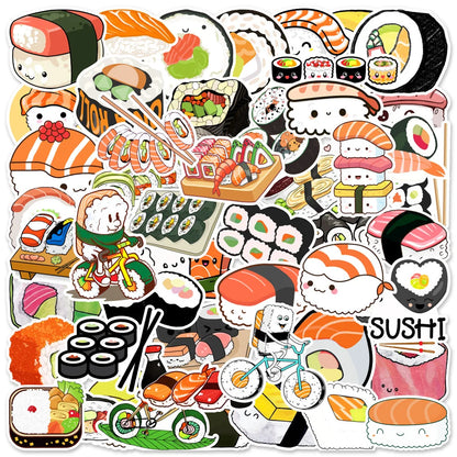 50PCS Cartoon Cute Sushi Food Doodle Stickers Personalized Fashion Creative DIY Exquisite Decorative Decals Toys For Skateboard Guitar Refrigerator Helmet Popular Stickers