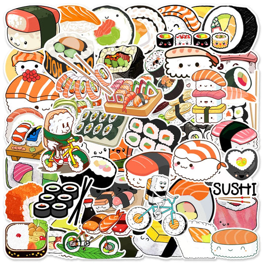 50PCS Cartoon Cute Sushi Food Doodle Stickers Personalized Fashion Creative DIY Exquisite Decorative Decals Toys For Skateboard Guitar Refrigerator Helmet Popular Stickers