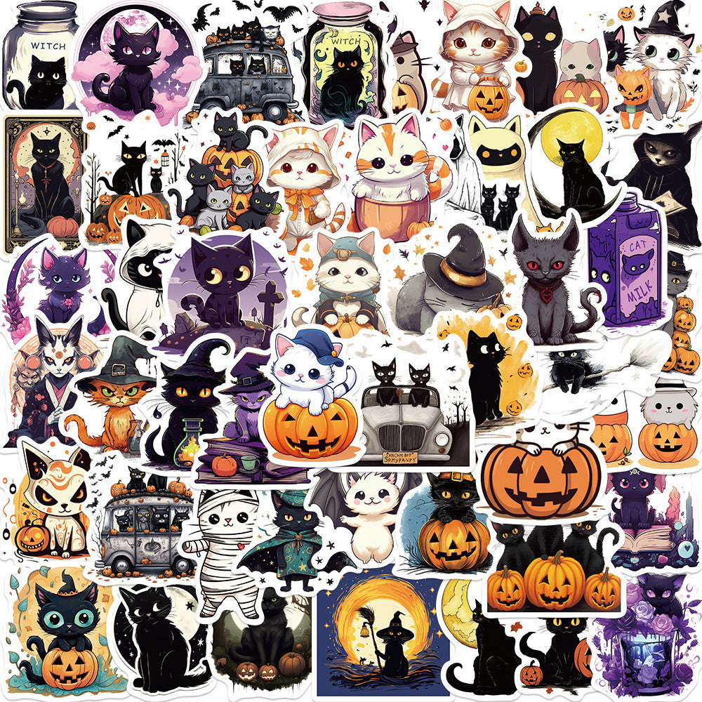 50PCS Halloween Cute Cat Doodle Stickers - Exquisite, Fashionable, Creative DIY Journal Decorations Suitable for Notebooks, Guitars, Helmets, Water Bottles, and Stationery Boxes
