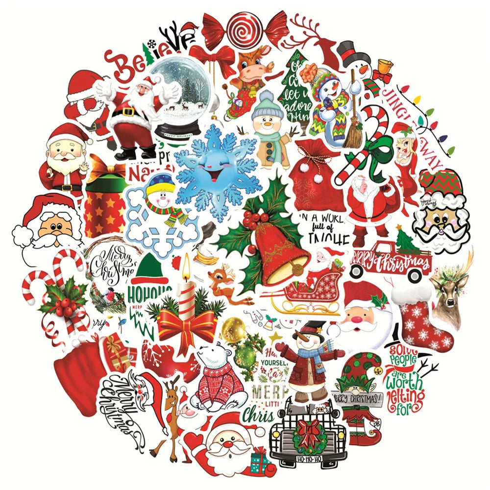 50 pieces of cartoon Christmas graffiti stickers, personalized, fashionable and creative decorated exquisite decal toys, refrigerators, skateboards, cups, helmets, guitars and popular stickers