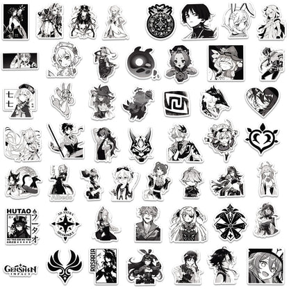 50PCS Cartoon Black & White Genshin Impact Game Doodle Stickers Anime Character Merchandise DIY Decorative Decals for Computer Desks, Guitars, Water Bottles, Skateboards, and Stationery Cases