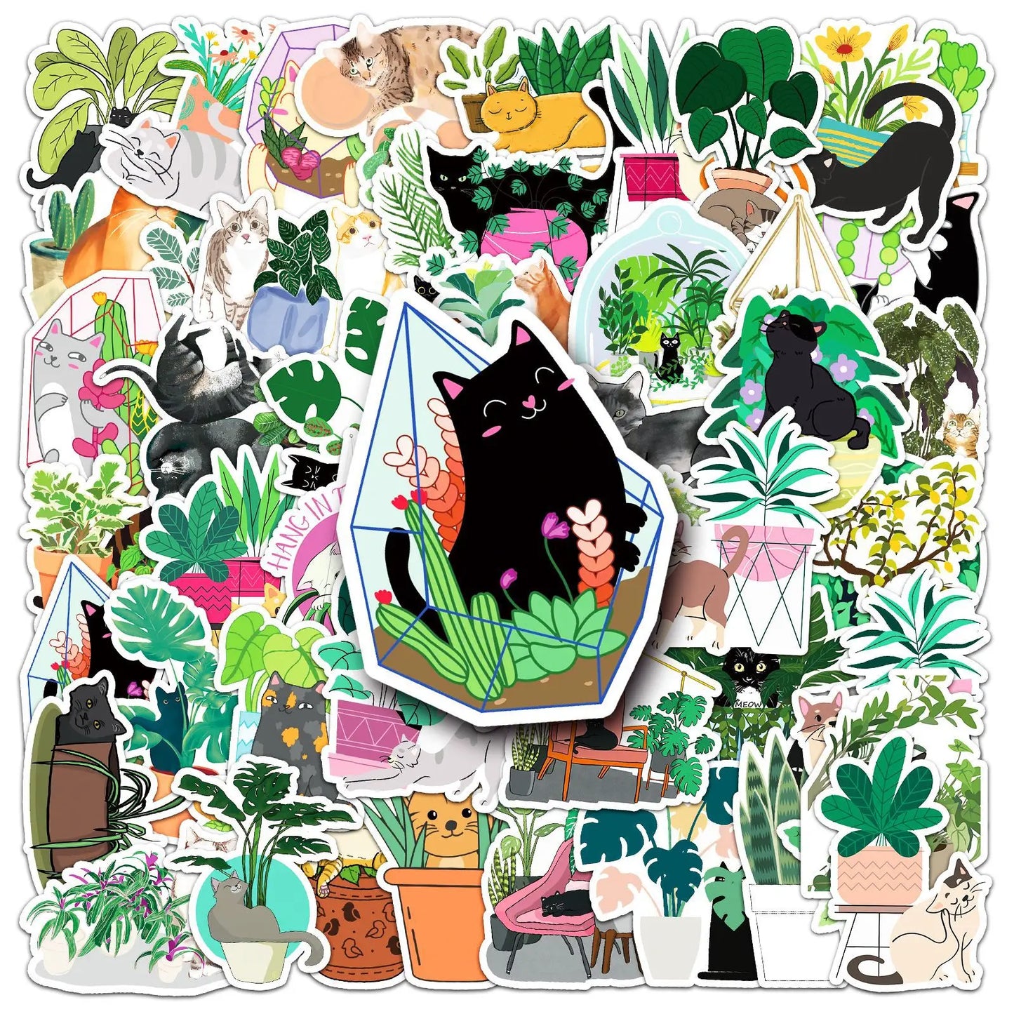 50PCS Cartoon Cats and Plants Stickers Graffiti iPad Desk Notebook Helmet Car  Pattern Scrapbook Toys Decoration