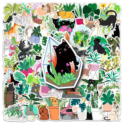 50PCS Cartoon Cats and Plants Stickers Graffiti iPad Desk Notebook Helmet Car  Pattern Scrapbook Toys Decoration