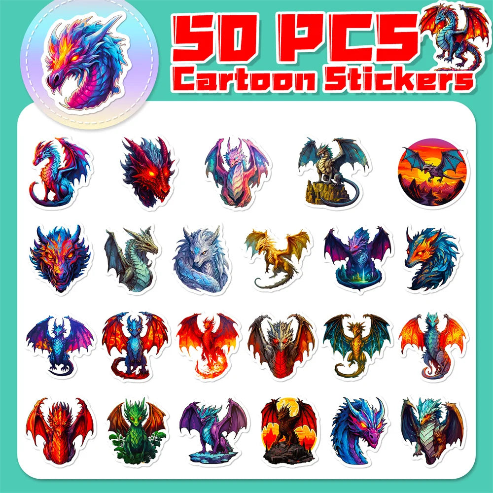 50PCS Cool Fire Dragon Stickers - Mythical Creature Decals for Gaming Laptops, Water Bottles, Notebooks & Fantasy Gamer Gifts