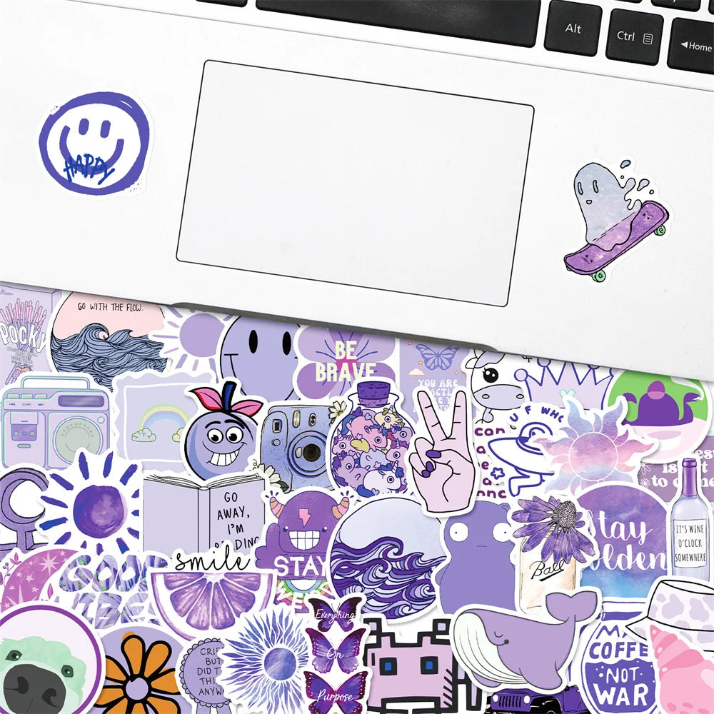 50PCS Purple Series Small Fresh Cartoon Art Stickers For Scooter Laptop Guitar Kids Toys PVC Kawaii Stickers