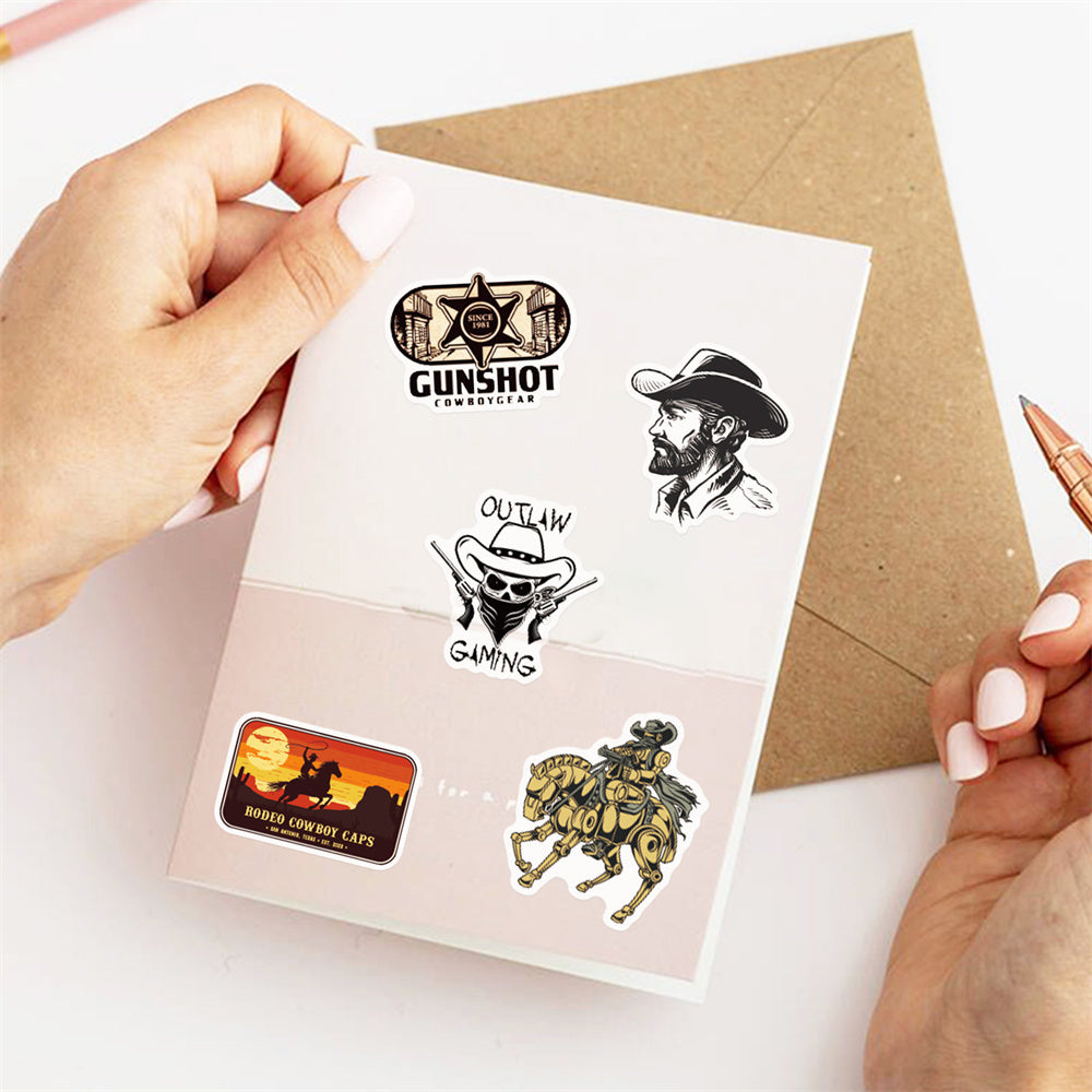 50PCS Wild West Cowboy Doodle Stickers, Cartoon Sheriff & Rodeo Decals for Adventure Vibes and Desert Style