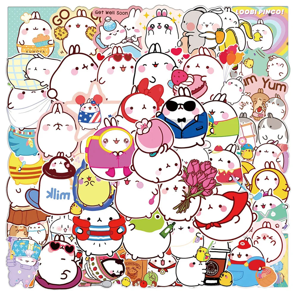 50 pieces of cute cartoon round rolling rabbit graffiti stickers, personalized, fashionable and creative DIY exquisite and trendy decorative decals, refrigerator, skateboard, water cup, helmet, guitar, popular sticker toys