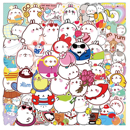 50 pieces of cute cartoon round rolling rabbit graffiti stickers, personalized, fashionable and creative DIY exquisite and trendy decorative decals, refrigerator, skateboard, water cup, helmet, guitar, popular sticker toys