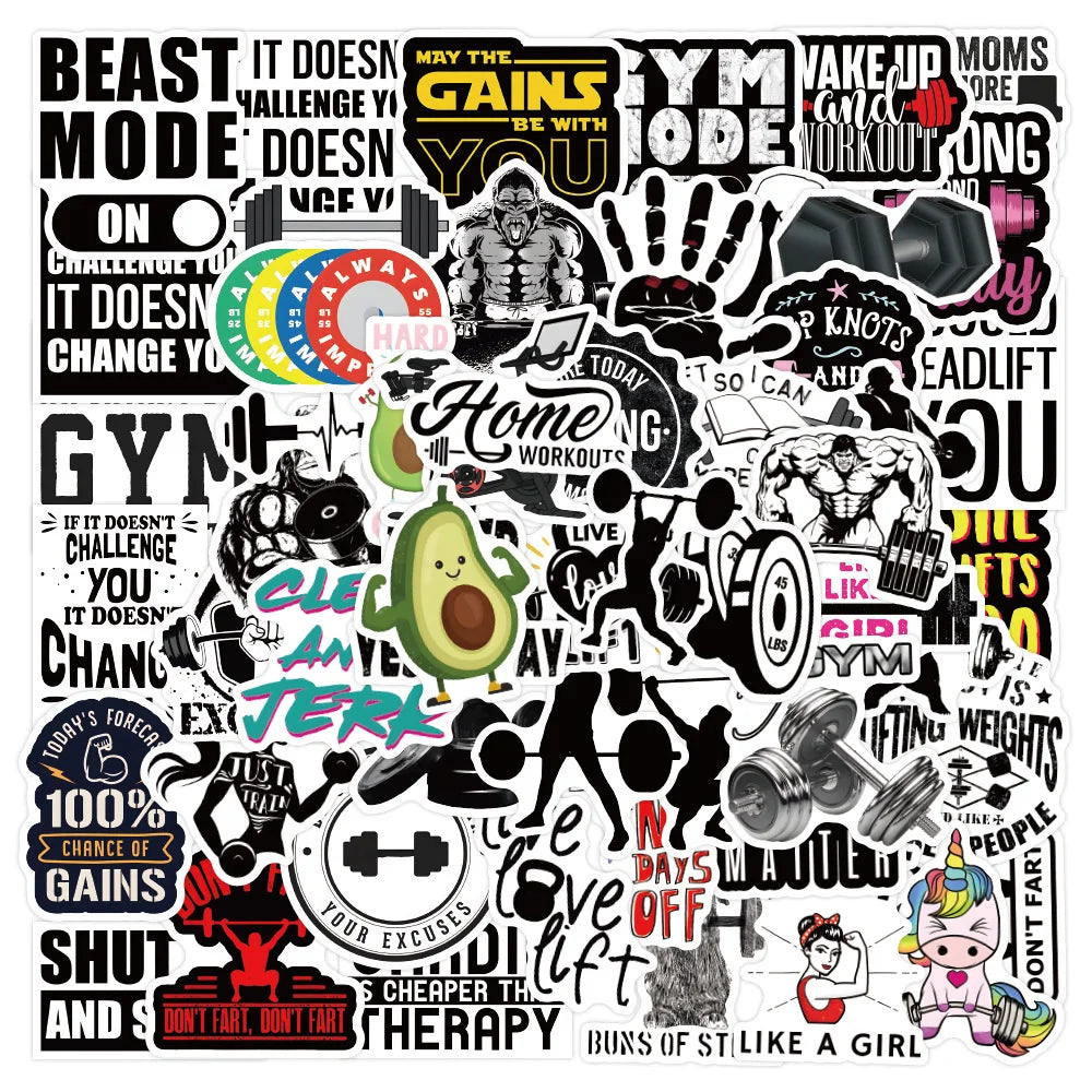 50PCS Cute Fitness Text Inspirational Graffiti Waterproof Sticker Creative Decoration Personality CupHelmetGuitar