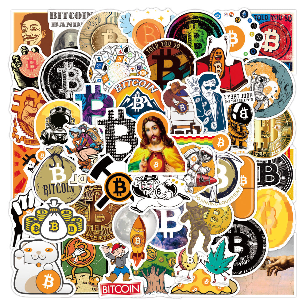 50PCS Cryptocurrency Cartoon Stickers - Digital Gold Rush Decals for Blockchain Literacy Journals, Satoshi's Vision Maps & DeFi Aesthetic Projects