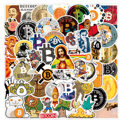 50PCS Cryptocurrency Cartoon Stickers - Digital Gold Rush Decals for Blockchain Literacy Journals, Satoshi's Vision Maps & DeFi Aesthetic Projects