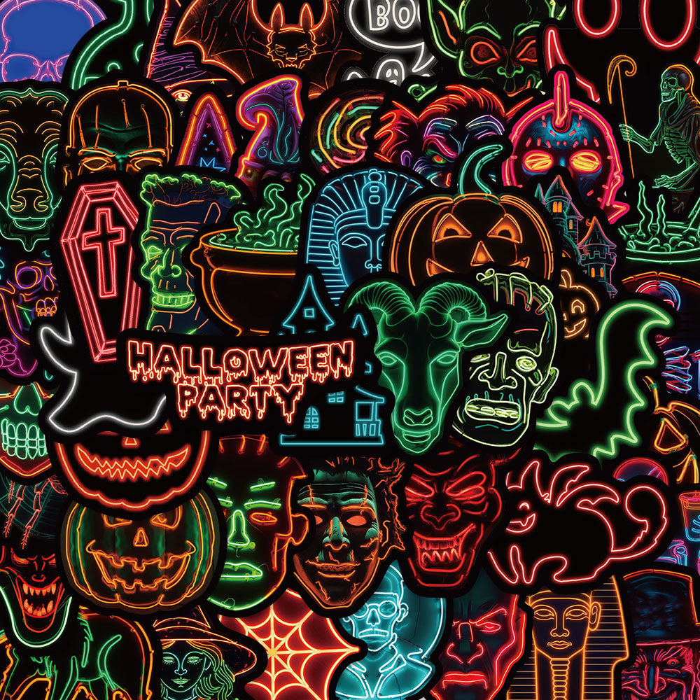 50PCS Neon Halloween Stickers, Glow-in-the-Dark Cartoon Doodles for Party Decor, Laptops, and Festive Vibes