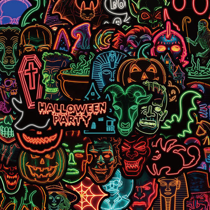 50PCS Neon Halloween Stickers, Glow-in-the-Dark Cartoon Doodles for Party Decor, Laptops, and Festive Vibes