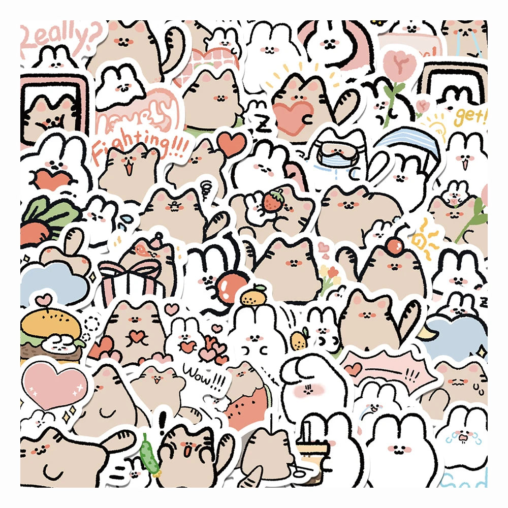 60PCS of cute cartoon cat and rabbit graffiti stickers, personalized, fashionable and creative DIY exquisite decorative stickers, laptop, toy, skateboard, luggage, mobile phone, helmet and popular stickers