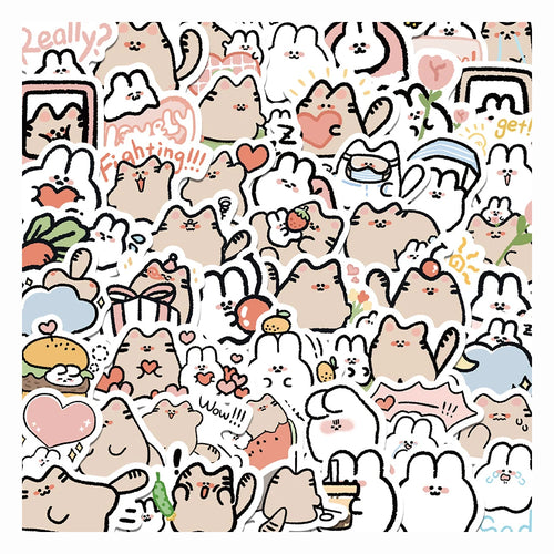 60PCS of cute cartoon cat and rabbit graffiti stickers, personalized, fashionable and creative DIY exquisite decorative stickers, laptop, toy, skateboard, luggage, mobile phone, helmet and popular stickers