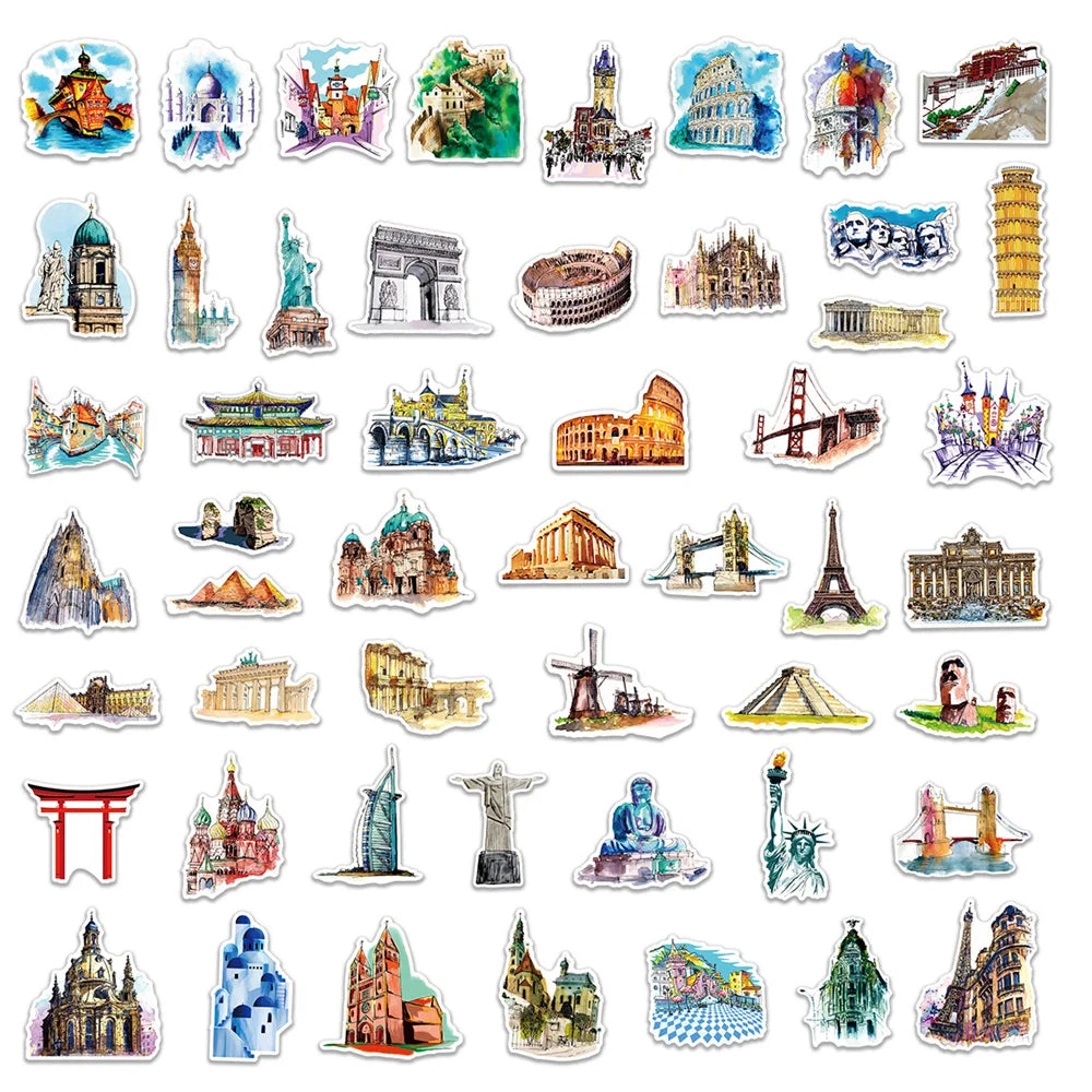 50PCS Landmark Building Graffiti Sticker DIY Decorative Guitar Suitcase Motorcycle Waterproof Sticker