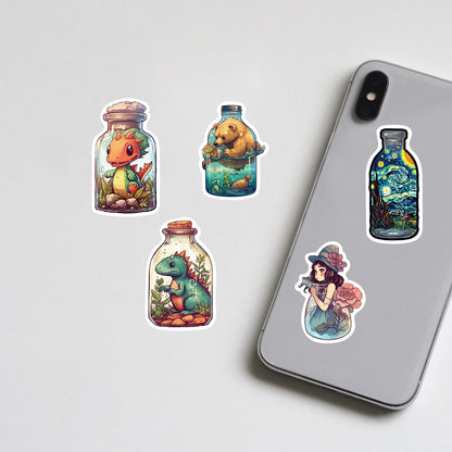 50PCS Cute Glass Jar Doodle Stickers, Cartoon Transparent Bottle Decals for Planners, Journals, and Aesthetic Decor