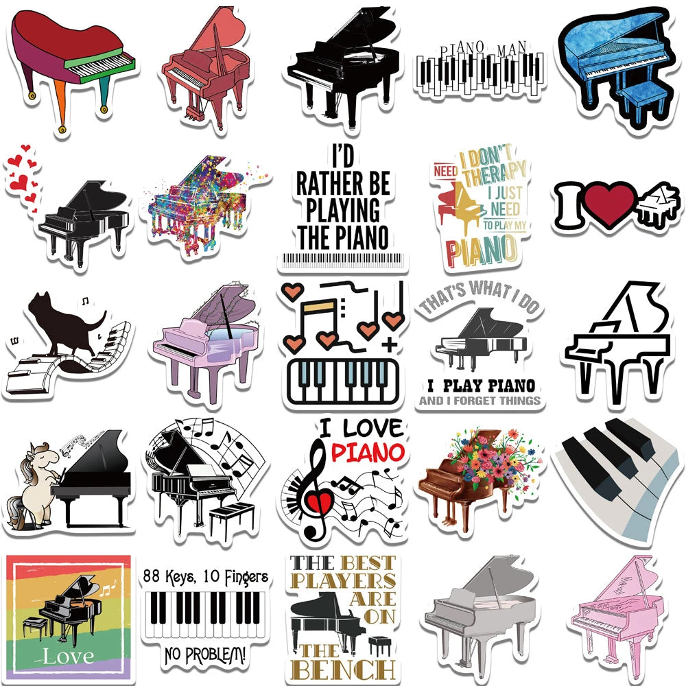 50PCS cartoon piano instrument creative decorative style graffiti stickers, personalized and fashionable creative DIY exquisite decorative decals, water cups, helmets, skateboards, popular sticker toys