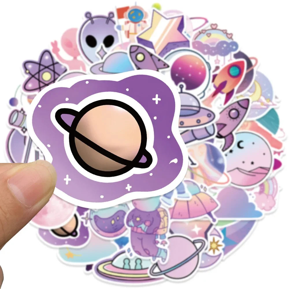 50PCS Cartoon Purple Gradient Planet Graffiti Helmet Water Cup DIY Waterproof Reward Sticker Notebook  Suitcase
