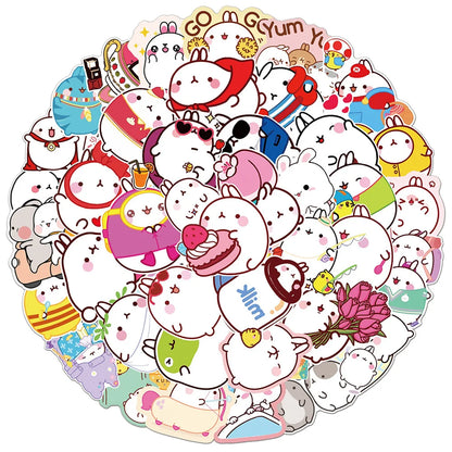 50 pieces of cute cartoon round rolling rabbit graffiti stickers, personalized, fashionable and creative DIY exquisite and trendy decorative decals, refrigerator, skateboard, water cup, helmet, guitar, popular sticker toys