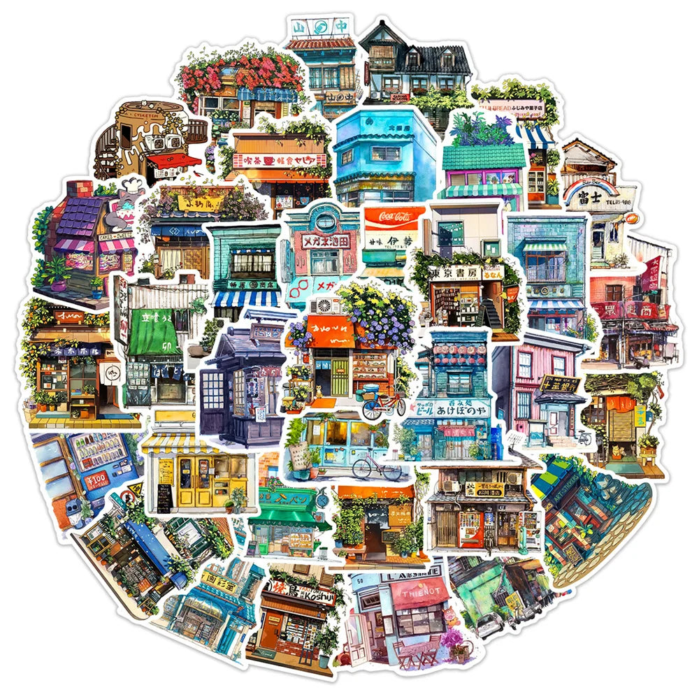 50pcs Japanese Corner Shop Cartoon Graffiti Waterproof Sticker Decoration Creative Refrigerator Skateboard Decal