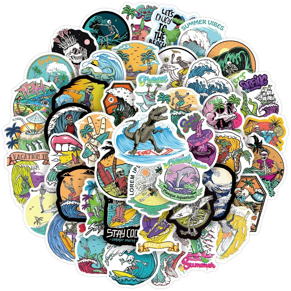 50PCS Surf Skull Summer Beach Personality Graffiti Sticker For Luggage Laptop iPad Guitar Skateboard Cup Sticker