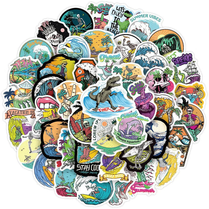 50PCS Surf Skull Summer Beach Personality Graffiti Sticker For Luggage Laptop iPad Guitar Skateboard Cup Sticker