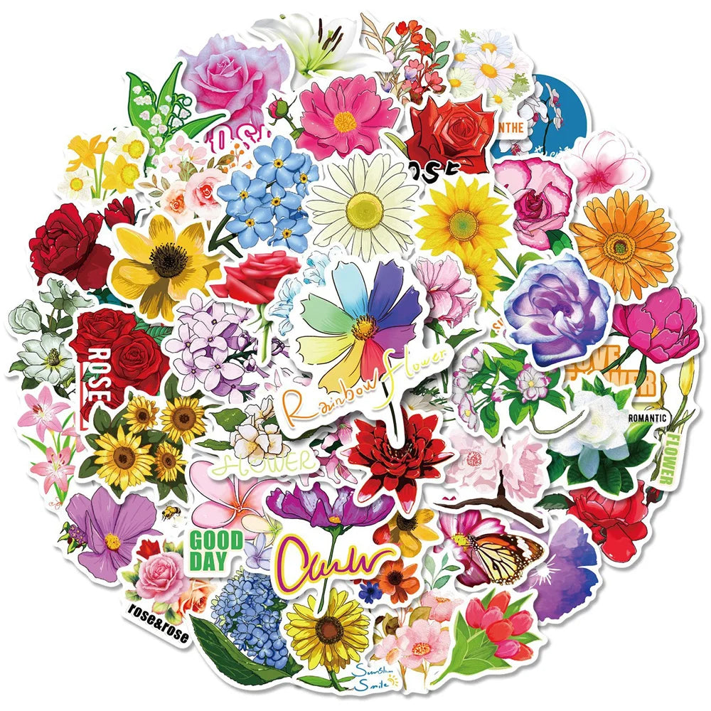 50PCS Flower series plant flower stickers, toys, luggage, laptops, ipads, skateboards, guitars, cups, mobile phone decorative sticker toys