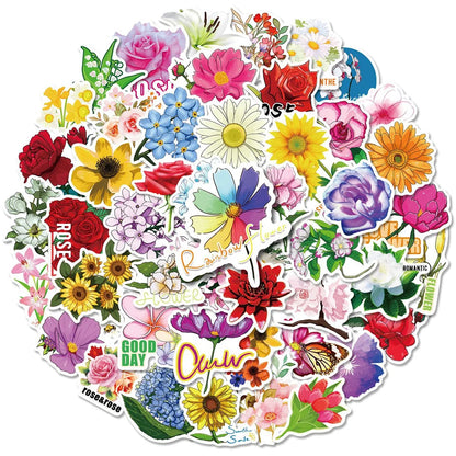 50PCS Flower series plant flower stickers, toys, luggage, laptops, ipads, skateboards, guitars, cups, mobile phone decorative sticker toys