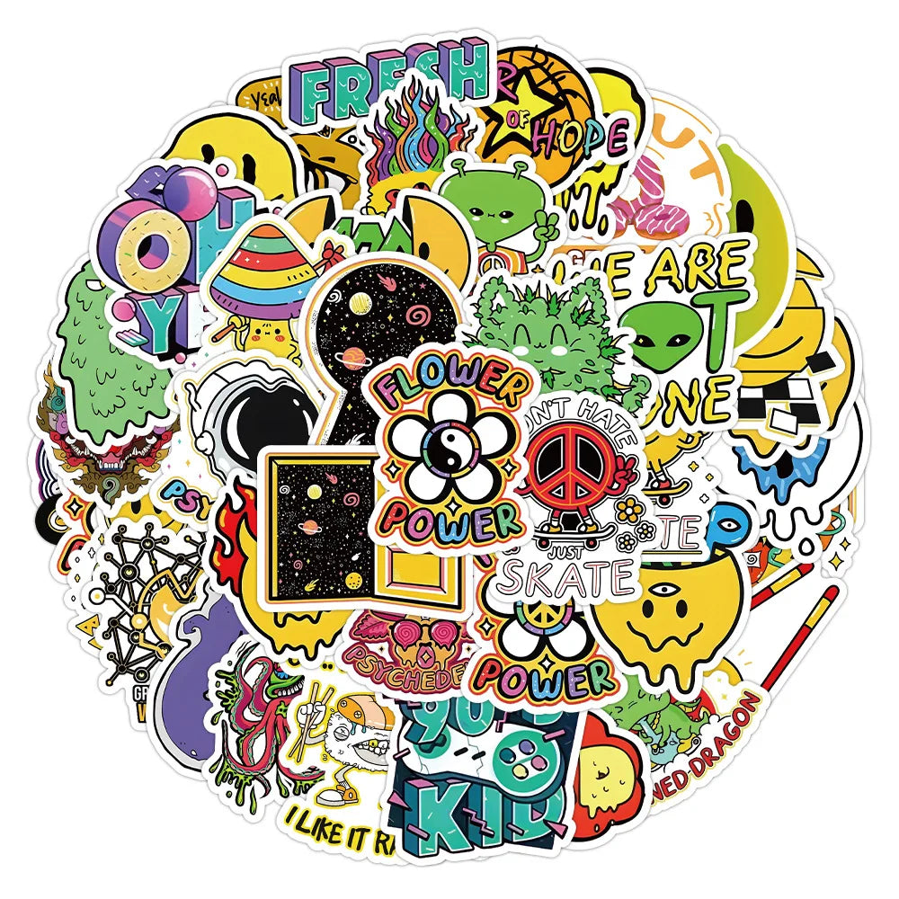 50PCS New Popular Cartoon Acid Pattern Sticker Pack Skateboard Decoration Ipad DIY Laptop Waterproof PVC Graffiti