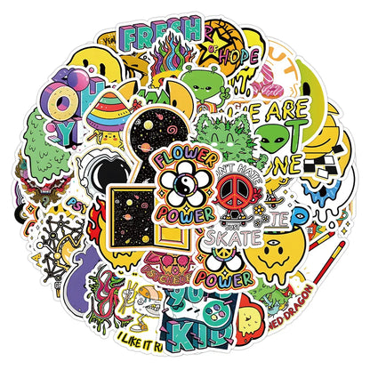 50PCS New Popular Cartoon Acid Pattern Sticker Pack Skateboard Decoration Ipad DIY Laptop Waterproof PVC Graffiti