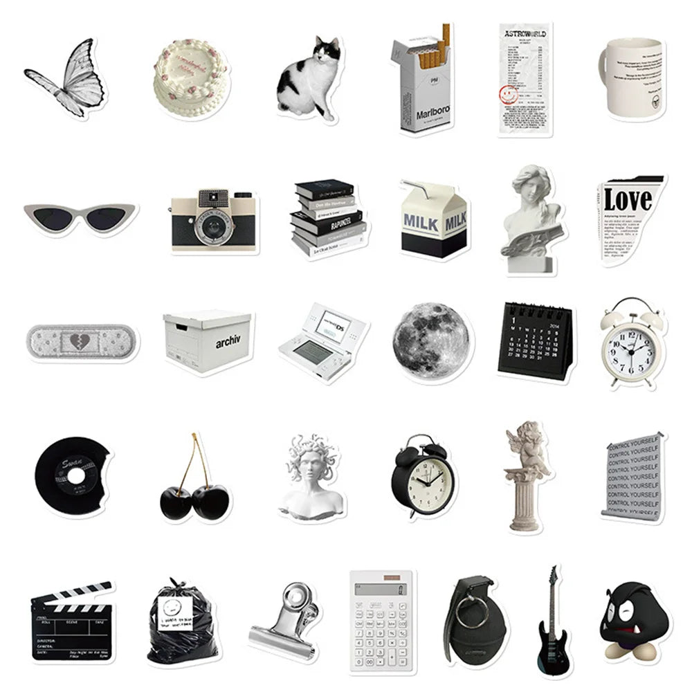 61PCS Cartoon Black and White Minimalist Style Graffiti Stickers Personalized DIY Creative Trend Decorative Decals Toys Skateboard Helmets Popular Fine Stickers