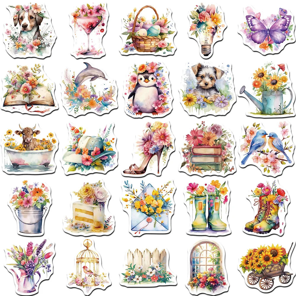 50PCS Retro Flowers & Objects Stickers - Vintage Botanical Decals for Journals, Laptops, Water Bottles & Aesthetic Crafting