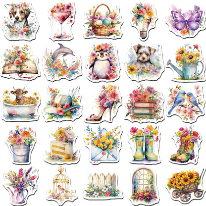 50PCS Retro Flowers & Objects Stickers - Vintage Botanical Decals for Journals, Laptops, Water Bottles & Aesthetic Crafting
