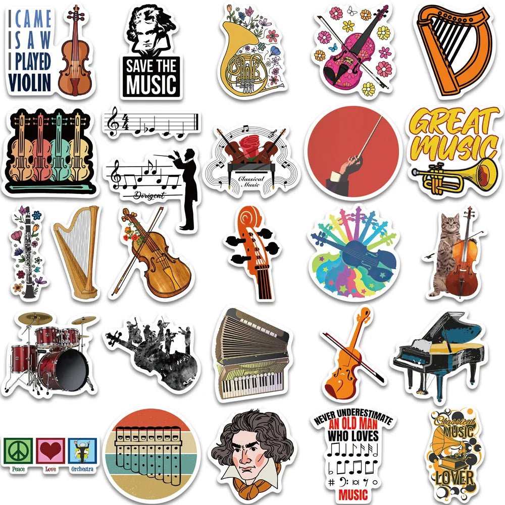 52 pieces of orchestral instrument graffiti stickers, personalized, fashionable, creative, fresh and exquisite decorative, creative decal helmet, skateboard, water cup, guitar, popular sticker toys