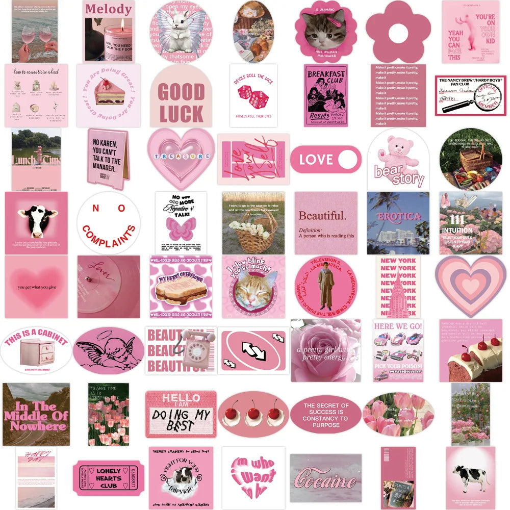 56PCS Cartoon INS Pink English Flowers Graffiti Stickers Personality Fashion Creative DIY Decorative Stickers Skateboard Helmet Guitar Fridge Popular Decals Toys