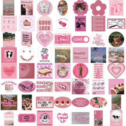 56PCS Cartoon INS Pink English Flowers Graffiti Stickers Personality Fashion Creative DIY Decorative Stickers Skateboard Helmet Guitar Fridge Popular Decals Toys