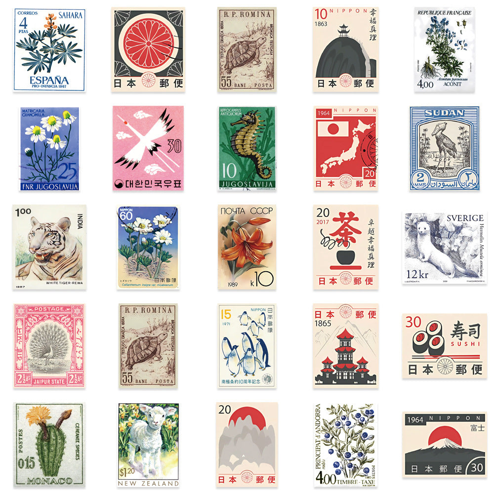 50PCS Cartoon Japanese Retro Travel Stamp Doodle Stickers Exquisite Fashion Creative DIY Journal Decorative Decals Suitable for Skateboards, Guitars, Laptops, Helmets, and Stationery Boxes