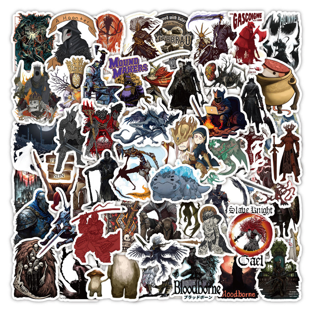 50PCS Dark Souls Inspired Cartoon Stickers - Gothic Fantasy & Boss Battle Doodle Decals for Gaming Journals, Difficulty Aesthetics, Death Count Trackers & Soulsborne Fan Art Projects