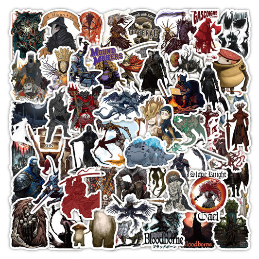 50PCS Dark Souls Inspired Cartoon Stickers - Gothic Fantasy & Boss Battle Doodle Decals for Gaming Journals, Difficulty Aesthetics, Death Count Trackers & Soulsborne Fan Art Projects
