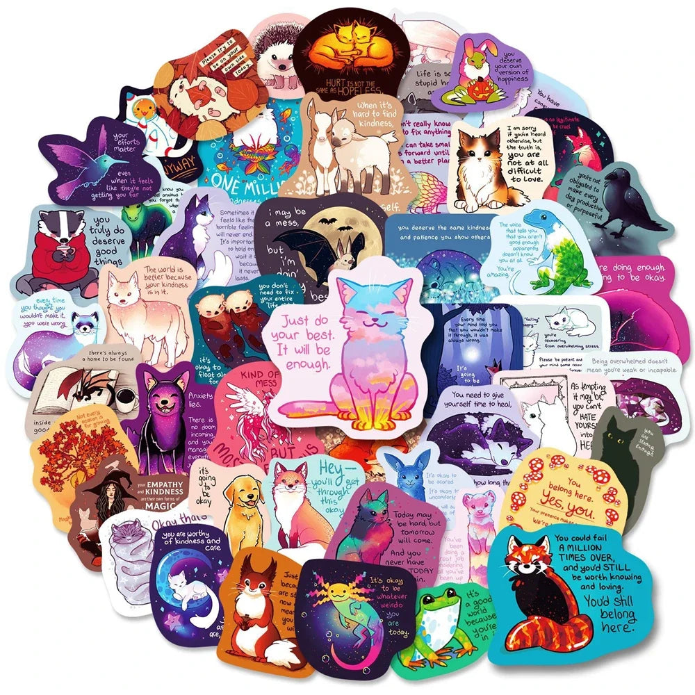 50PCS Cartoon Literary Healing Text Animal Creative Graffiti Sticker Bicycle Scooter DIY Laptop Guitar Computer