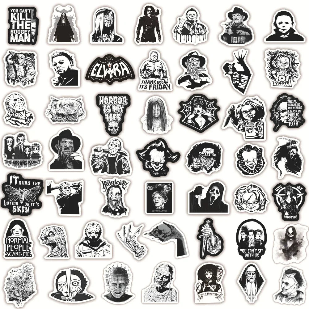 50PCS Black and White Horror Movie Theme Graffiti Waterproof Sticker Luggage Guitar Laptop Skateboard Helmet