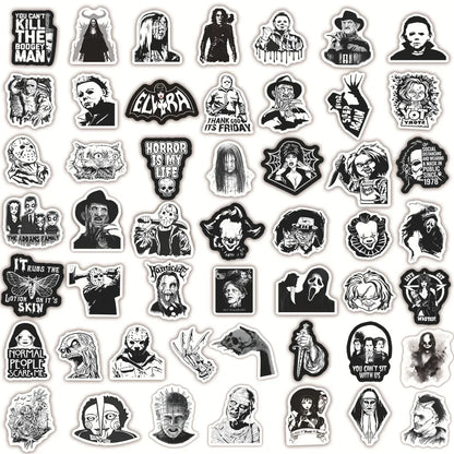 50PCS Black and White Horror Movie Theme Graffiti Waterproof Sticker Luggage Guitar Laptop Skateboard Helmet