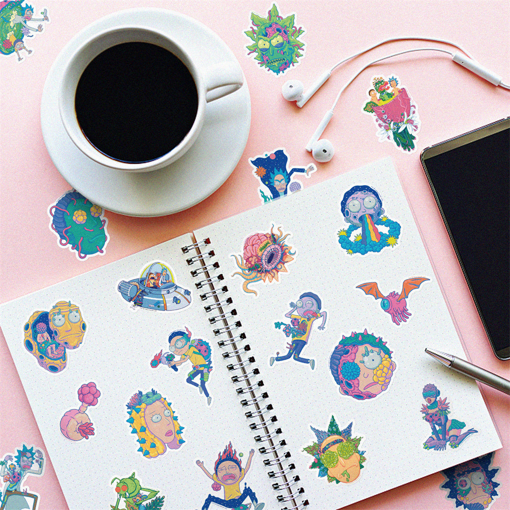 50PCS Psychedelic Cartoon Alien Doodle Stickers Perfect for Phone Cases, Skateboards, Bags, Water Bottles, Guitars Exquisite DIY Desktop & Planner Decorative Decals