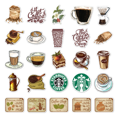 50PCS Cartoon Retro Coffee Doodle Stickers - Exquisite DIY Journal Decor Decals for Bags, Skateboards, Refrigerators, Computers, Helmets, and Stationery Boxes