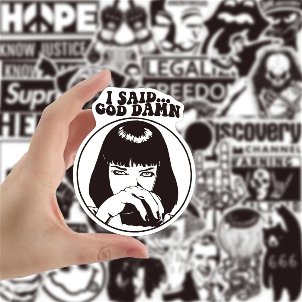 100 pieces of cartoon black and white cool punk graffiti stickers, personalized, fashionable and creative DIY beautiful and trendy decorative decal toys, skateboards, refrigerators, suitcases, laptops, popular stickers