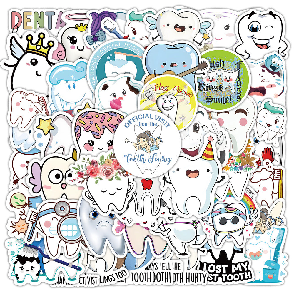 50PCS Dental Health Doodle Stickers, Cute Toothbrush & Cavity Fighter Cartoon Decals for Kids‘ Hygiene Education