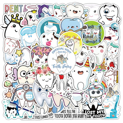 50PCS Dental Health Doodle Stickers, Cute Toothbrush & Cavity Fighter Cartoon Decals for Kids‘ Hygiene Education