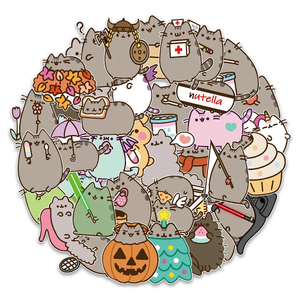 50PCS Cute Fat Cat Sticker Cartoon Flat Skateboard Telmet Cup Guitar DIY Wall Sticker Personalized Decoration
